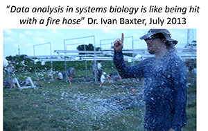 Photo of a person standing outside in the weather with a quote "Data analysis in systems biology is like being hit with a fire hose" Dr. Ivan Baxter, July 2013