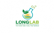 Long Lab Logo, beaker with a plant, sun, and field on the inside. Words: Long Lab Engineering Photosynthesis to Feed and Fuel the World.